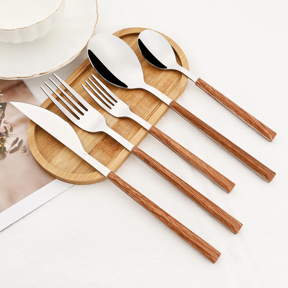 Bamboo Cutlery - 16/24/30Pcs Stainless Steel Imitation Wooden Handle