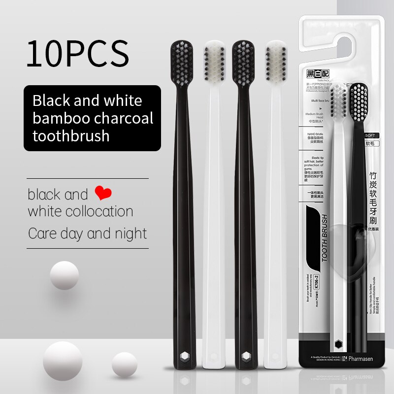 Bamboo Toothbrush - 10PC Bamboo Charcoal Brush Silk Soft