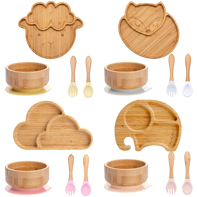 Bamboo Cutlery - 4pcs Children's Tableware Suction Plate Bowl