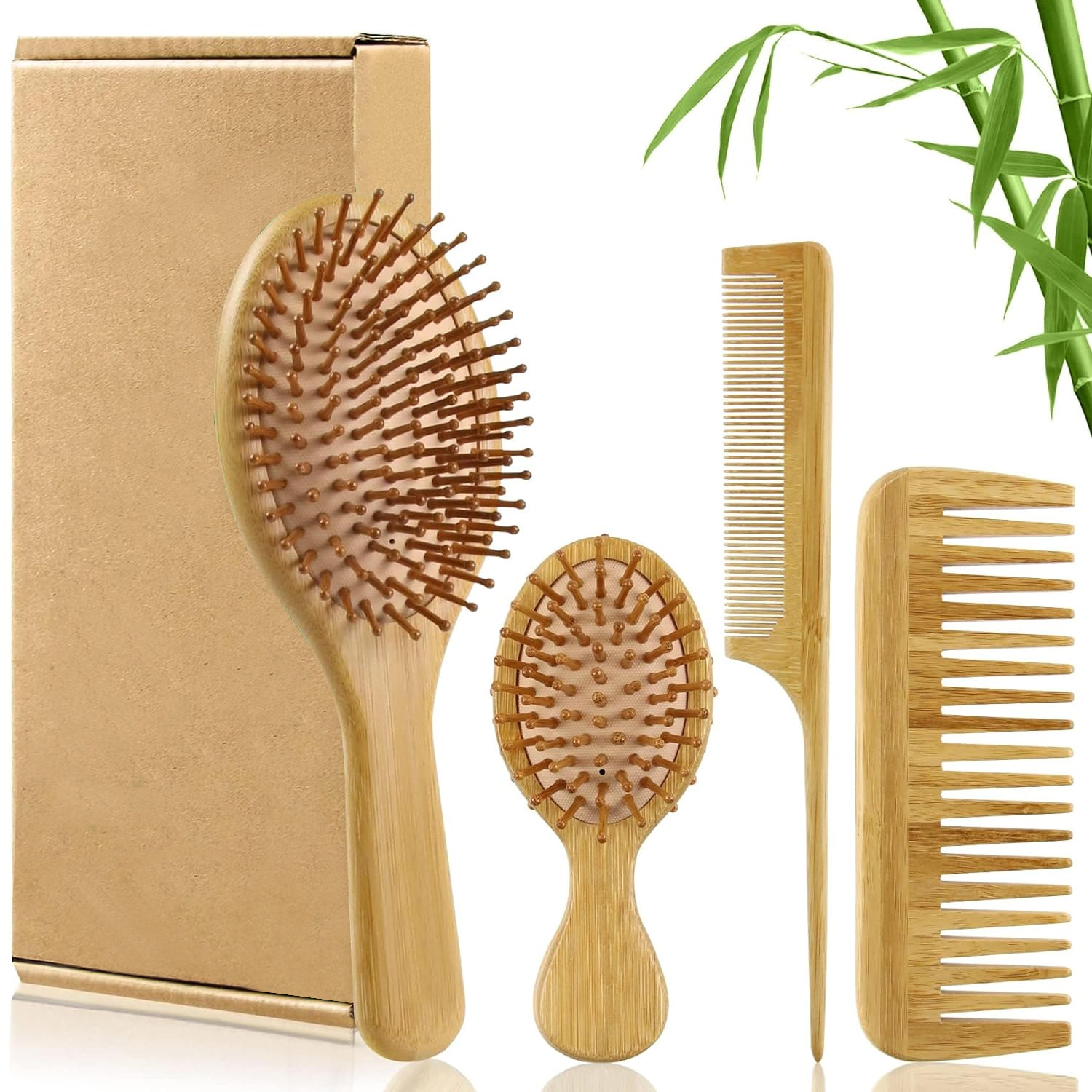 Bamboo Toothbrush - Bamboo Hair Brush Comb Set for