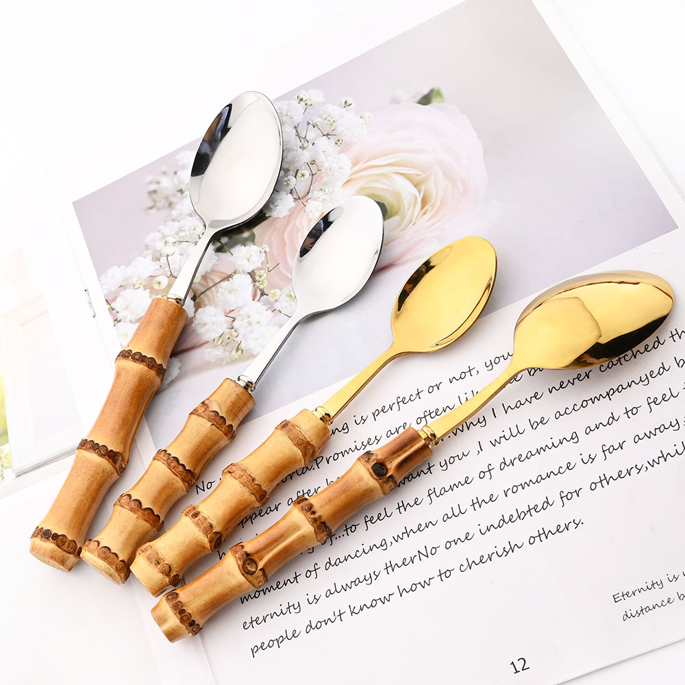 6Pcs Gold Natural Bamboo Handl - Bamboo Cutlery 评论和价格