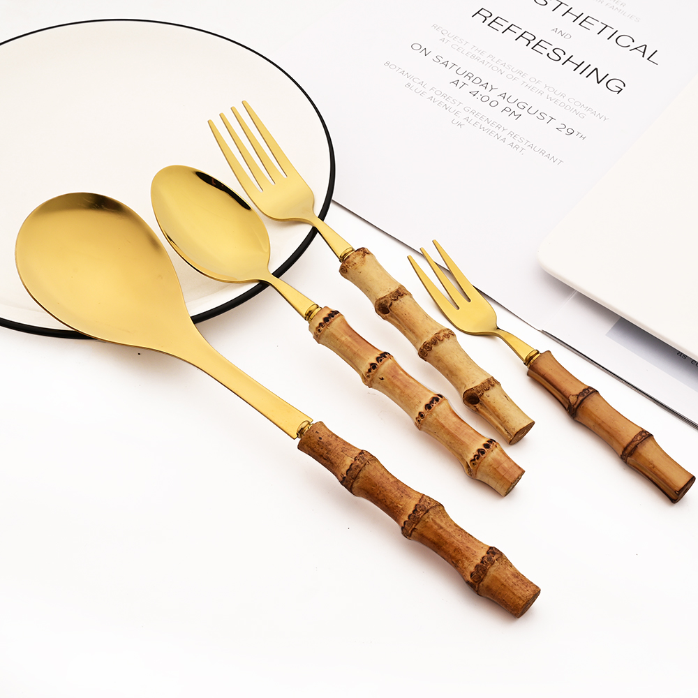 6Pcs Gold Natural Bamboo Handl - Bamboo Cutlery 评论和价格